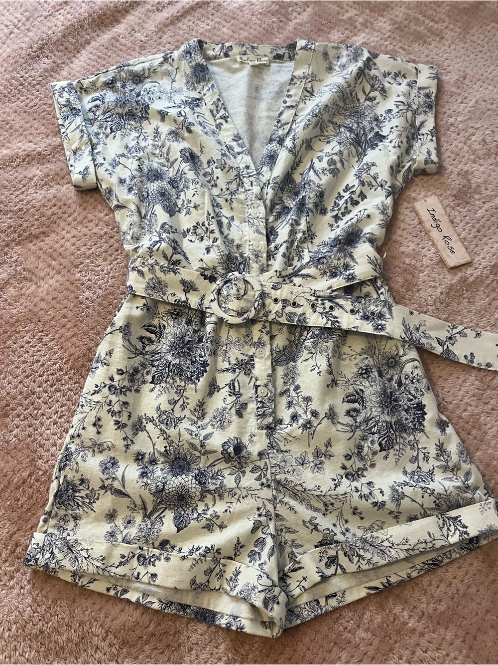 Indigo Rose Floral Belted Romper in Cream and Navy
